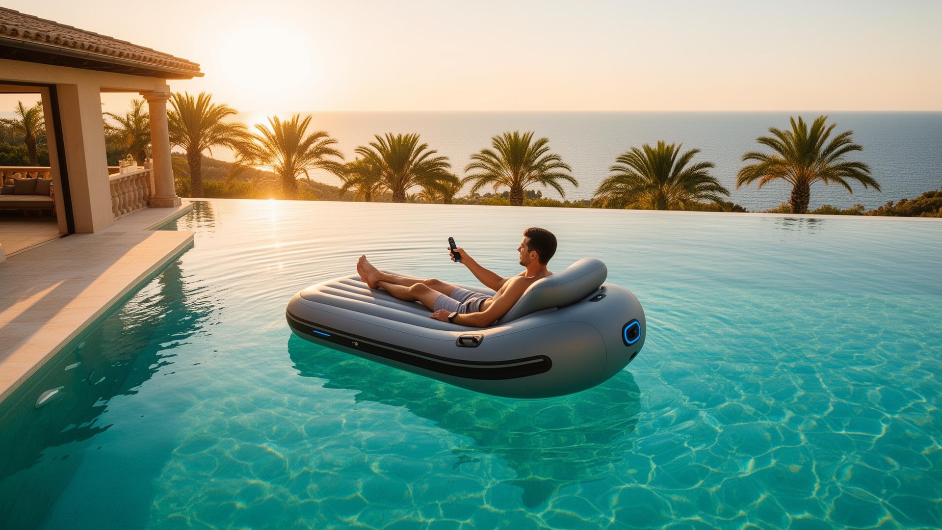 AquaLuxe Cruiser on an infinity pool at sunset